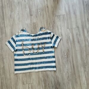 Silence + Noise Blue and Gold Sequin Striped Blouse